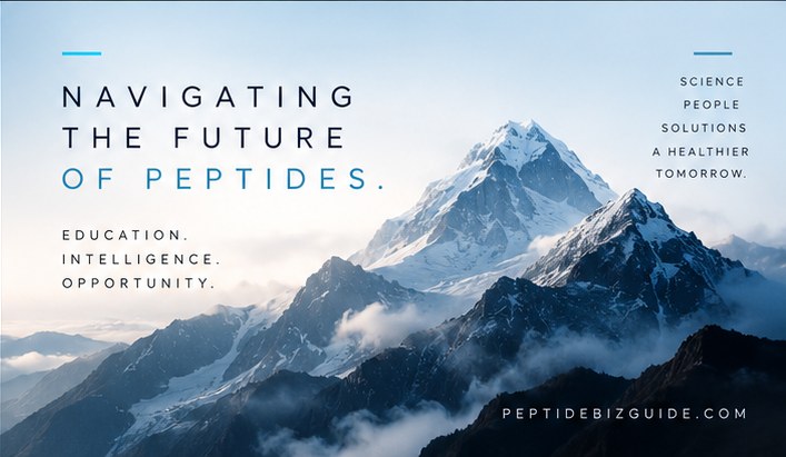 Snow-capped alpine peaks above the clouds with the line Navigating the future of peptides.